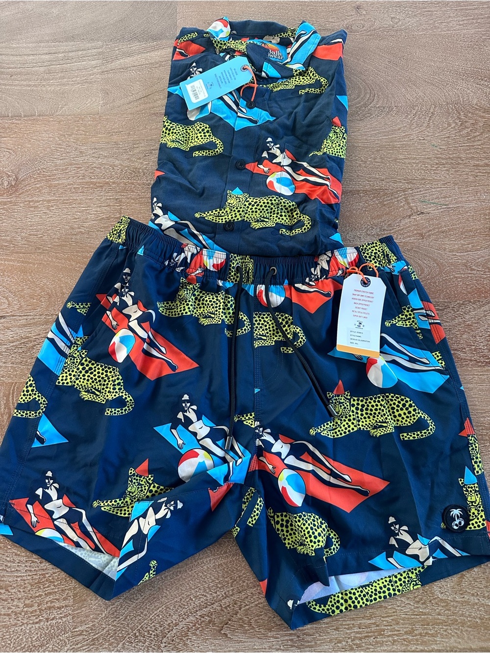 NWT Balls Beachwear men's button-up Hawaiian shirt with matching swim trunks